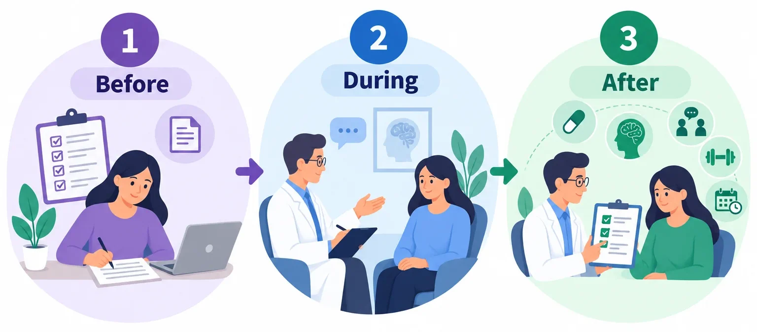 Infographic showing the three stages of a psychiatric consultation 